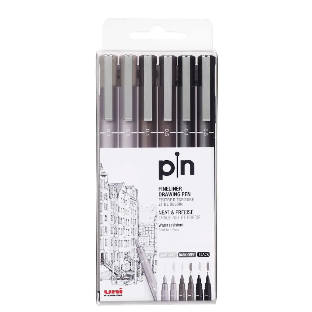 Uni Pin Fine Liner PAC=06ea BK GY